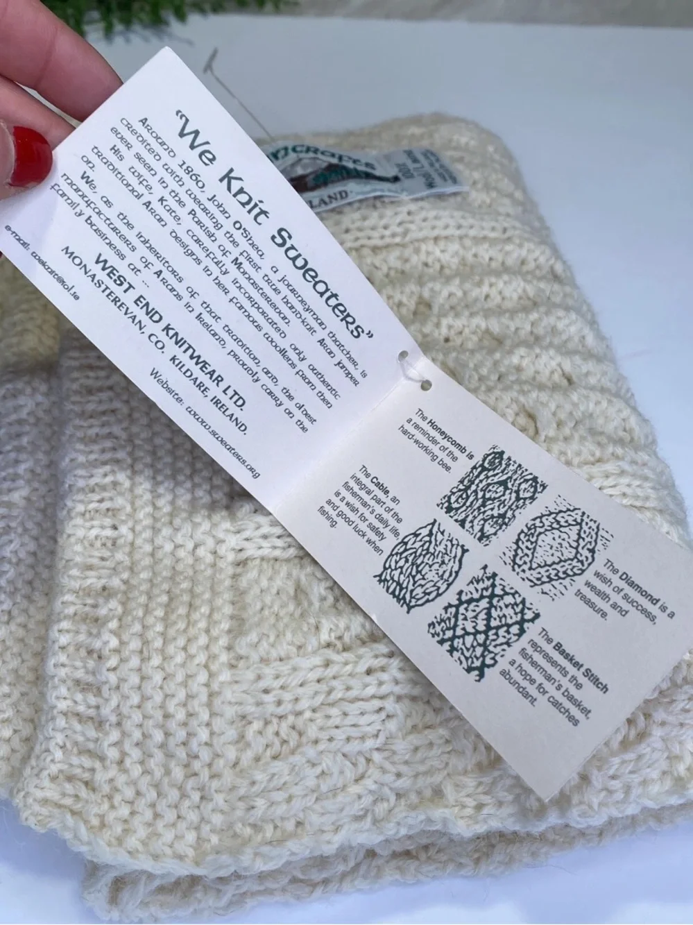 Vintage AranCrafts 100% Irish Wool Knit Scarf Cream Color New With Tags